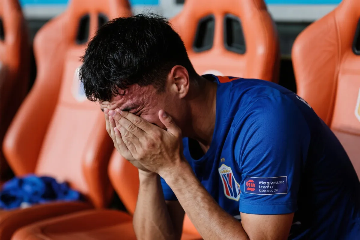 替补席上一名球员掩面流泪，近景，情感真实