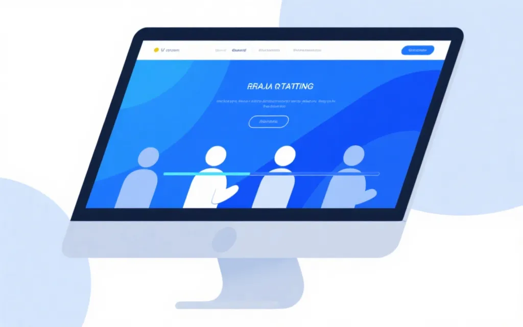 网站排队与加载的抽象视觉，屏幕上有进度条与时间提示